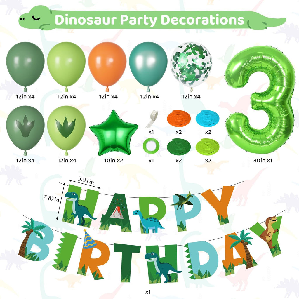 Amandir Dinosaur 3rd Birthday Decorations Kit – 47 Pcs Party Supplies with Balloons, Banner & Swirls