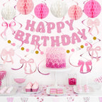 Amandir Pink Birthday Decorations Set – Glitter Banner, Honeycomb Balls, Bow Cutouts, Swirls & Garland for Girls & Women