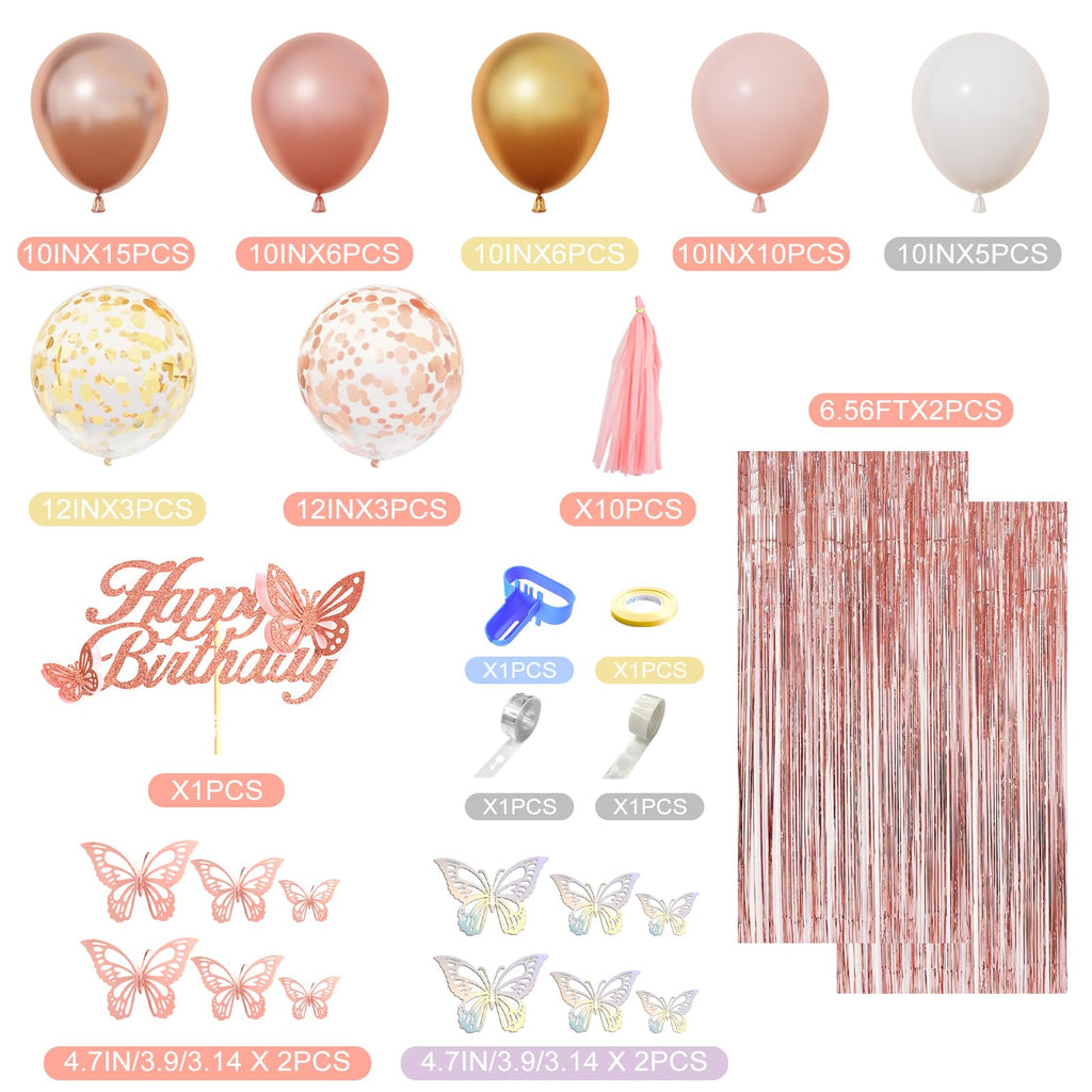 Amandir Rose Gold Birthday Decor – Balloons, Fringe Curtain, Banner & Cake Topper