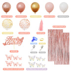 Amandir Rose Gold Birthday Decor – Balloons, Fringe Curtain, Banner & Cake Topper