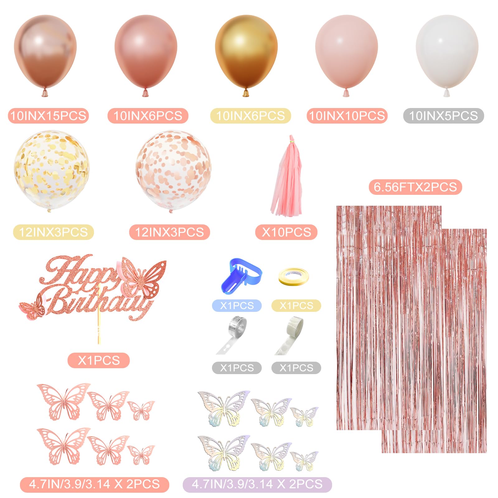 Amandir Rose Gold Birthday Decor – Balloons, Fringe Curtain, Banner & Cake Topper