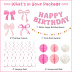 Amandir Pink Birthday Decorations Set – Glitter Banner, Honeycomb Balls, Bow Cutouts, Swirls & Garland for Girls & Women