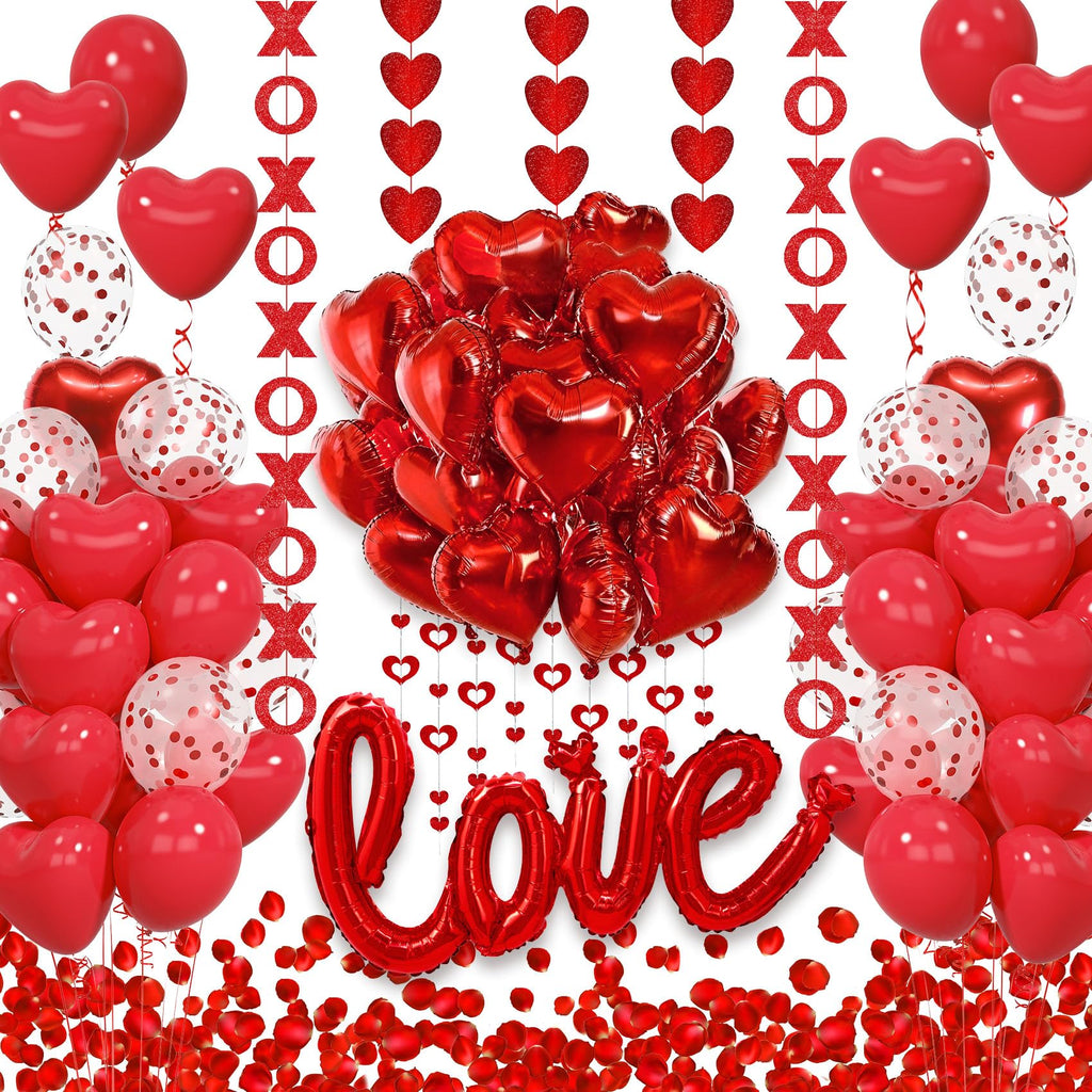 Amandir 114Pcs Red Valentines Day Decor Set – I Love You Banner, Heart Balloons, Rose Petals & Garlands