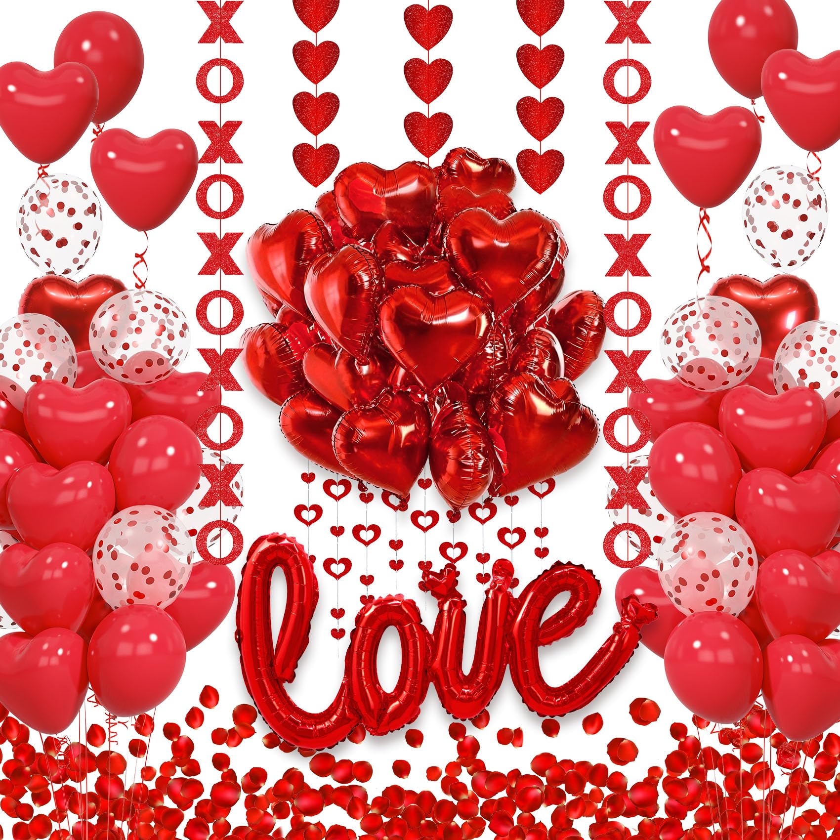 Amandir 114Pcs Red Valentines Day Decor Set – I Love You Banner, Heart Balloons, Rose Petals & Garlands