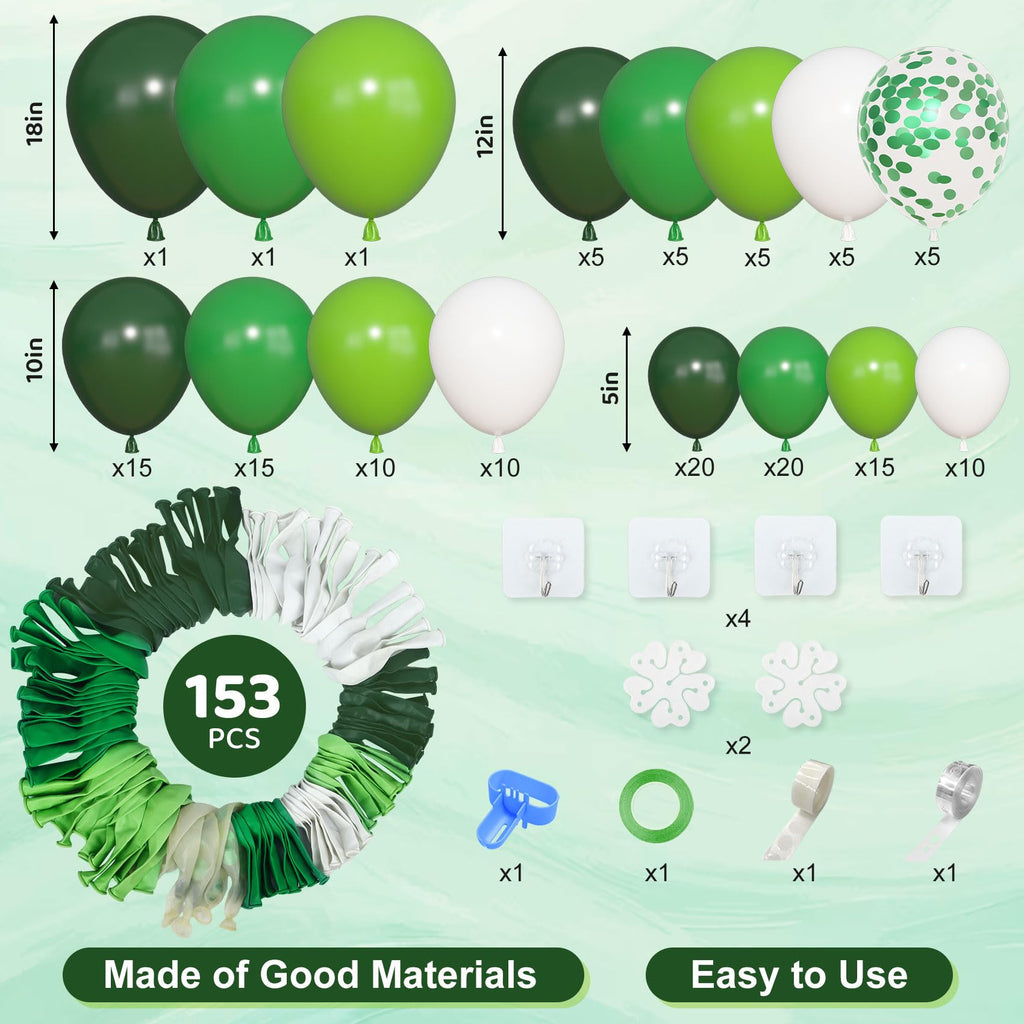 Amandir 153pcs Green Balloon Arch Garland Kit — Emerald, Lime & Confetti Balloons (18/12/10/5in)