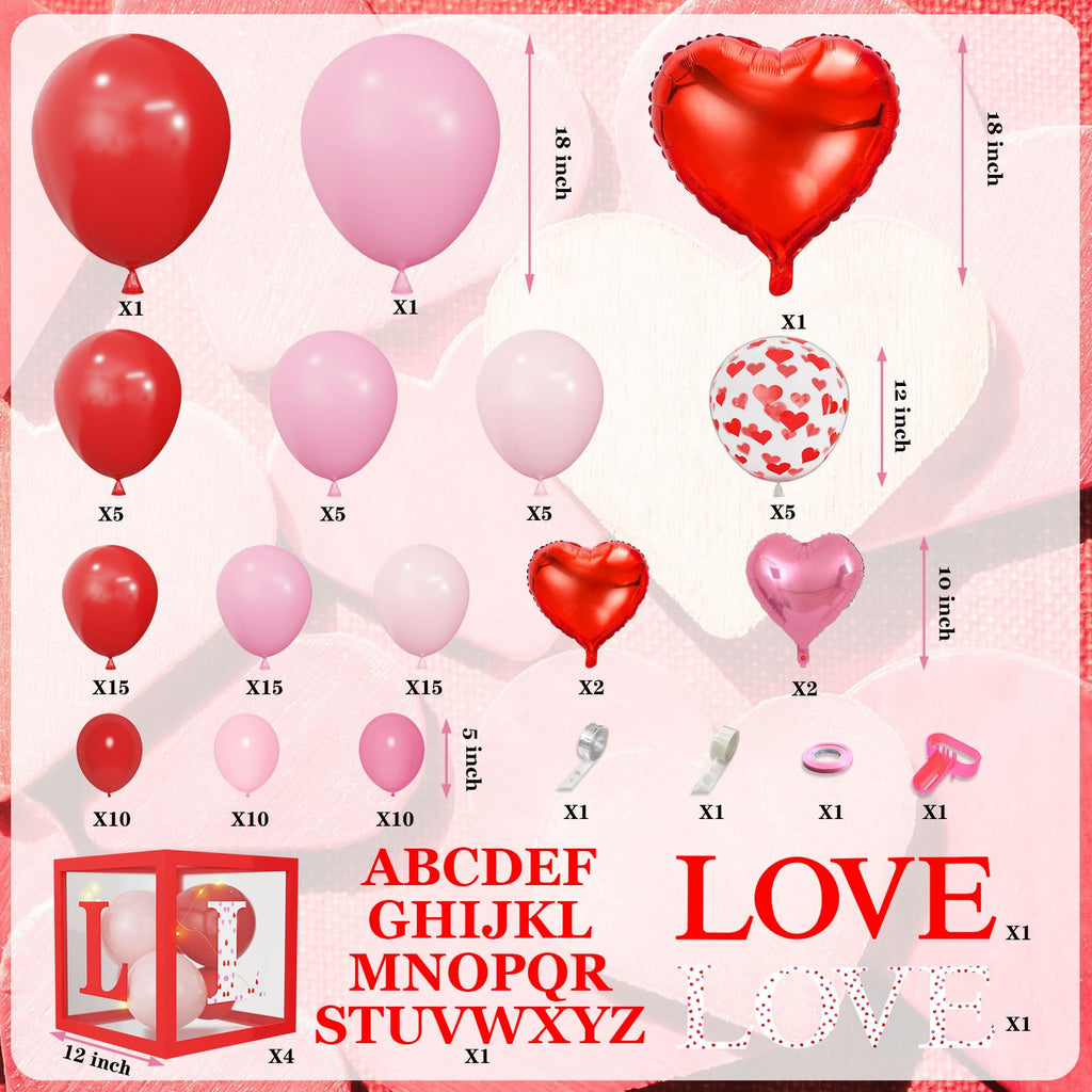 Amandir 148pc Valentines Day Decorations Kit – Red Balloons, Arch Garland, Lights, Love Boxes