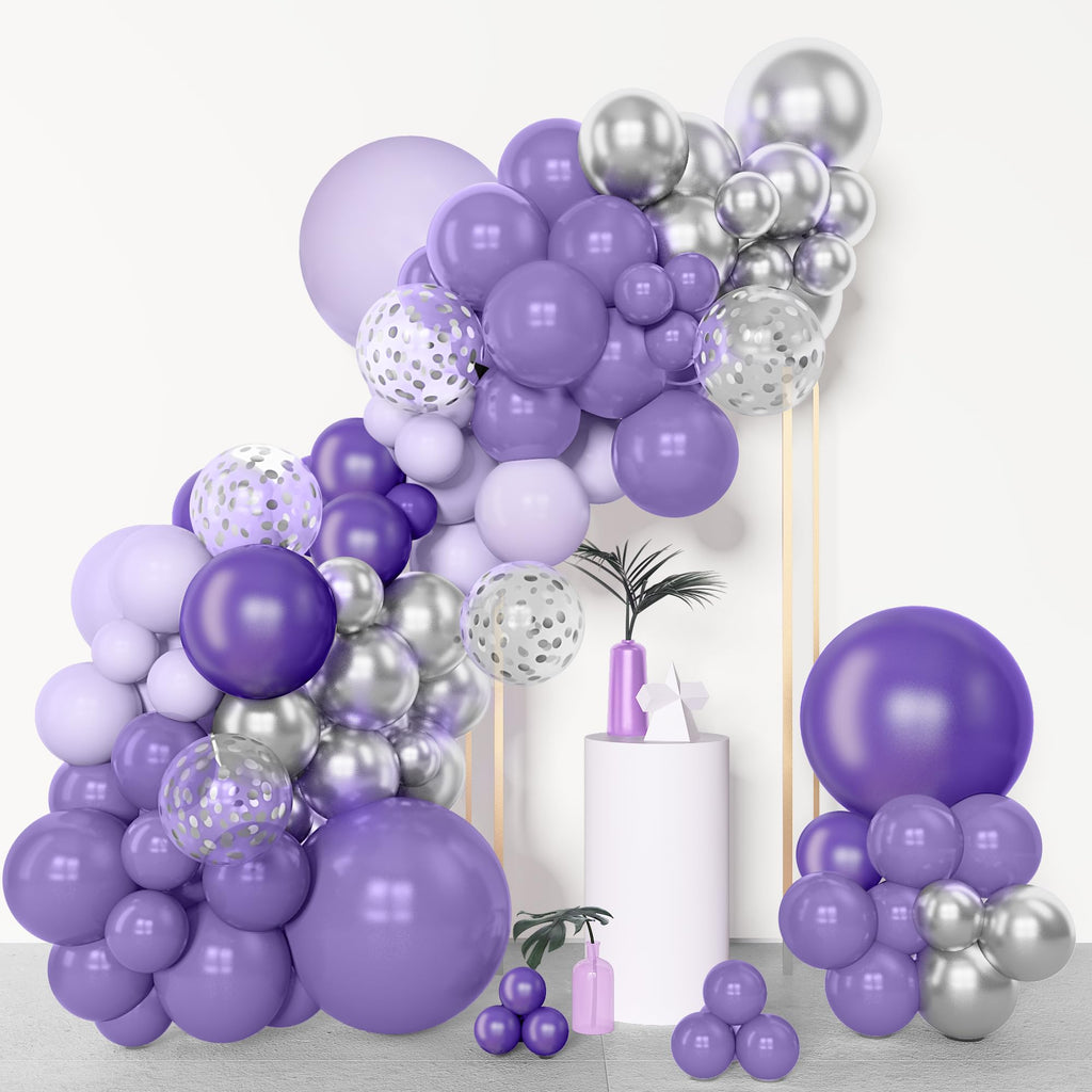 Amandir 153pcs Purple Balloon Garland Arch Kit – Lavender, Metallic Silver & Confetti Balloons for Parties