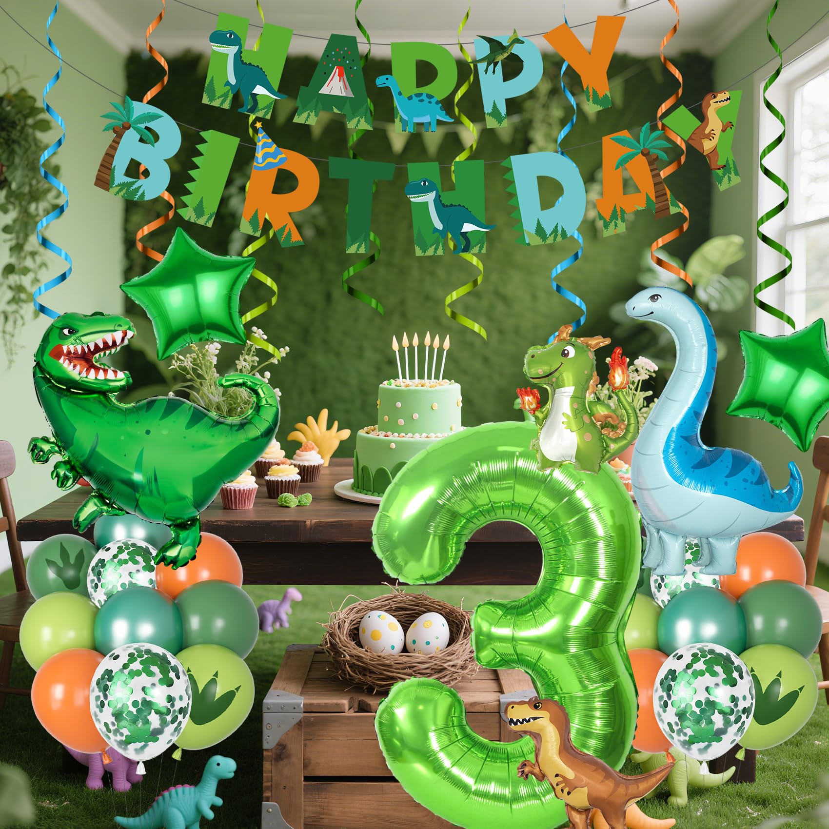 Amandir Dinosaur 3rd Birthday Decorations Kit – 47 Pcs Party Supplies with Balloons, Banner & Swirls