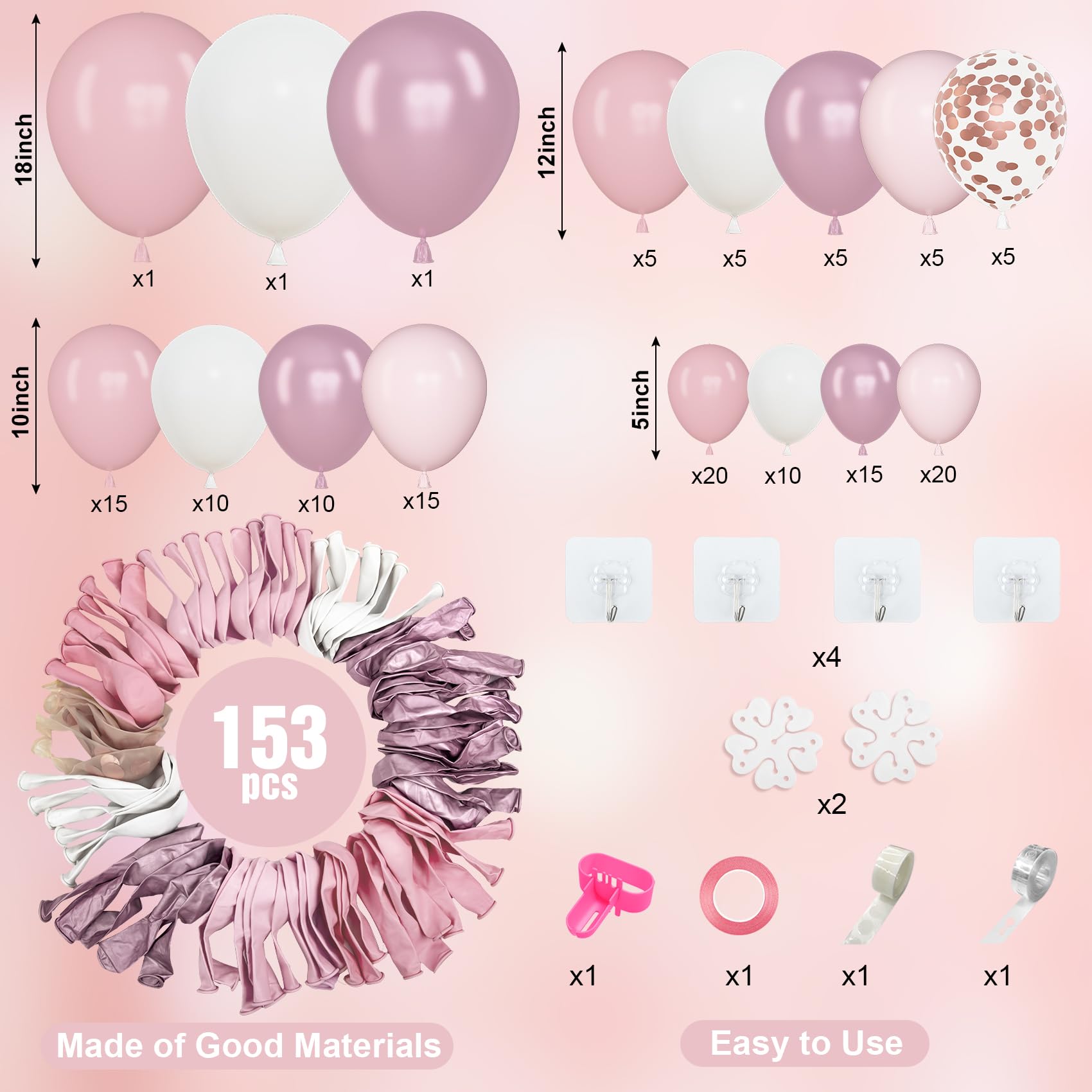 Amandir 153pcs Pink & White Balloons Arch Garland Kit – 18/12/10/5in Pastel Latex & Rose Gold Confetti