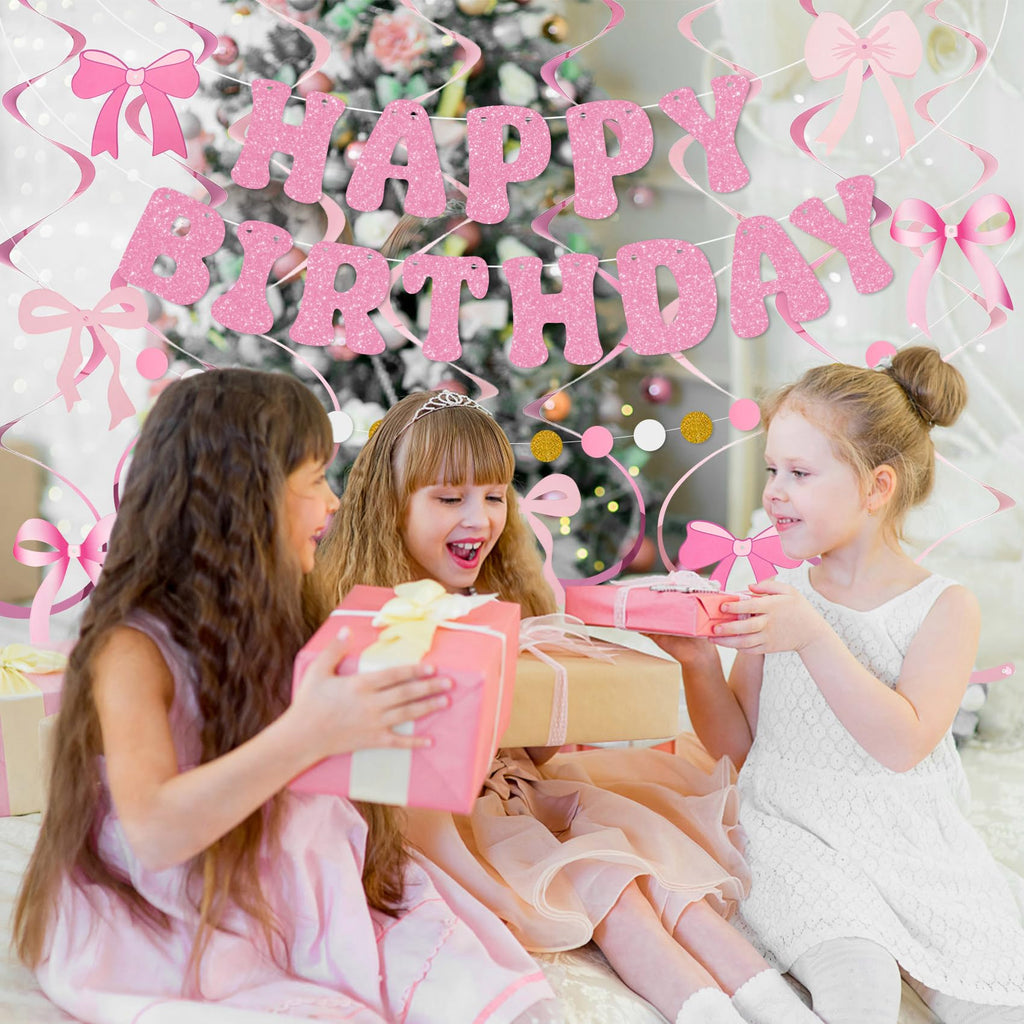 Amandir Pink Birthday Decorations Set – Glitter Banner, Honeycomb Balls, Bow Cutouts, Swirls & Garland for Girls & Women