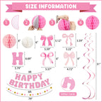 Amandir Pink Birthday Decorations Set – Glitter Banner, Honeycomb Balls, Bow Cutouts, Swirls & Garland for Girls & Women