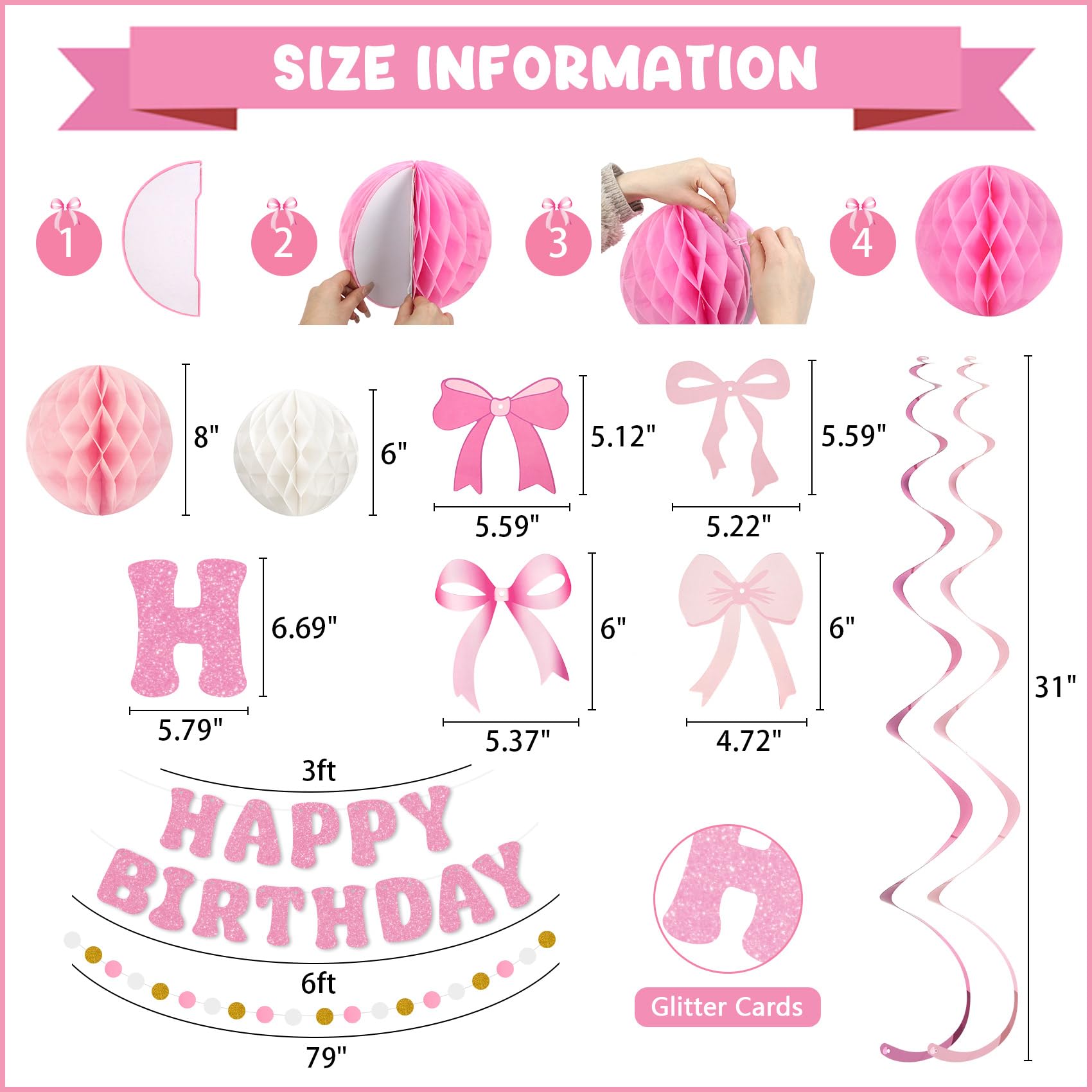 Amandir Pink Birthday Decorations Set – Glitter Banner, Honeycomb Balls, Bow Cutouts, Swirls & Garland for Girls & Women