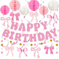 Amandir Pink Birthday Decorations Set – Glitter Banner, Honeycomb Balls, Bow Cutouts, Swirls & Garland for Girls & Women