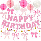 Amandir Pink Birthday Decorations Set – Glitter Banner, Honeycomb Balls, Bow Cutouts, Swirls & Garland for Girls & Women