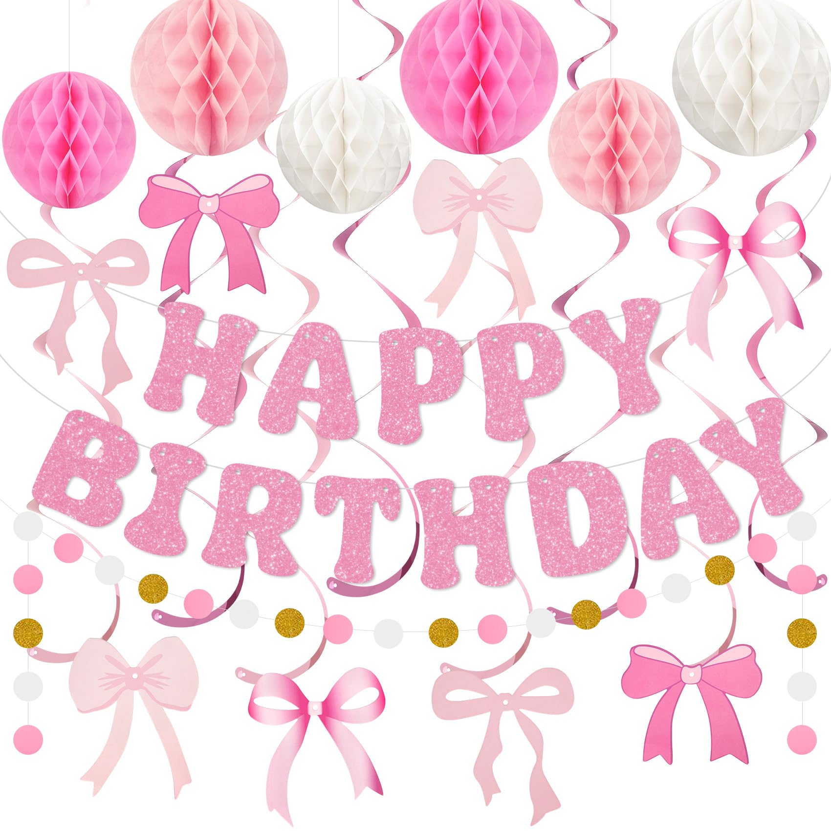 Amandir Pink Birthday Decorations Set – Glitter Banner, Honeycomb Balls, Bow Cutouts, Swirls & Garland for Girls & Women