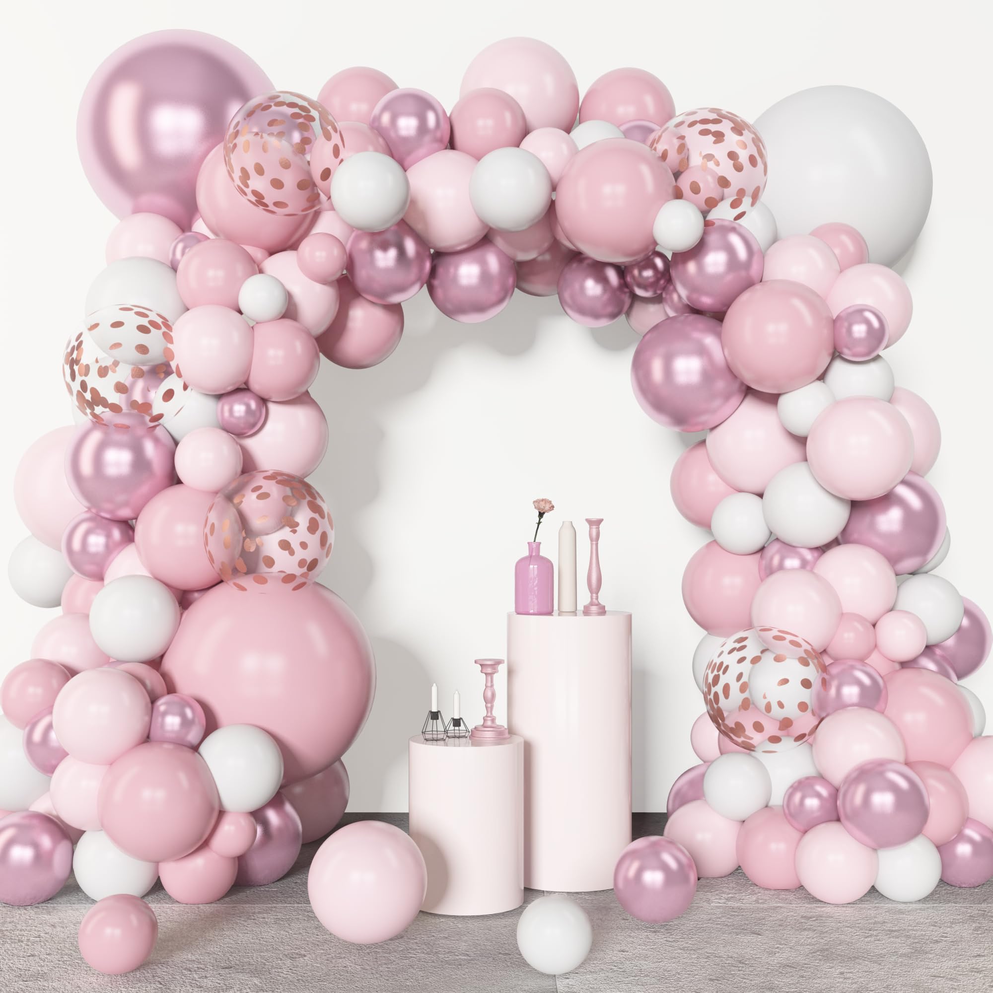 Amandir 153pcs Pink & White Balloons Arch Garland Kit – 18/12/10/5in Pastel Latex & Rose Gold Confetti