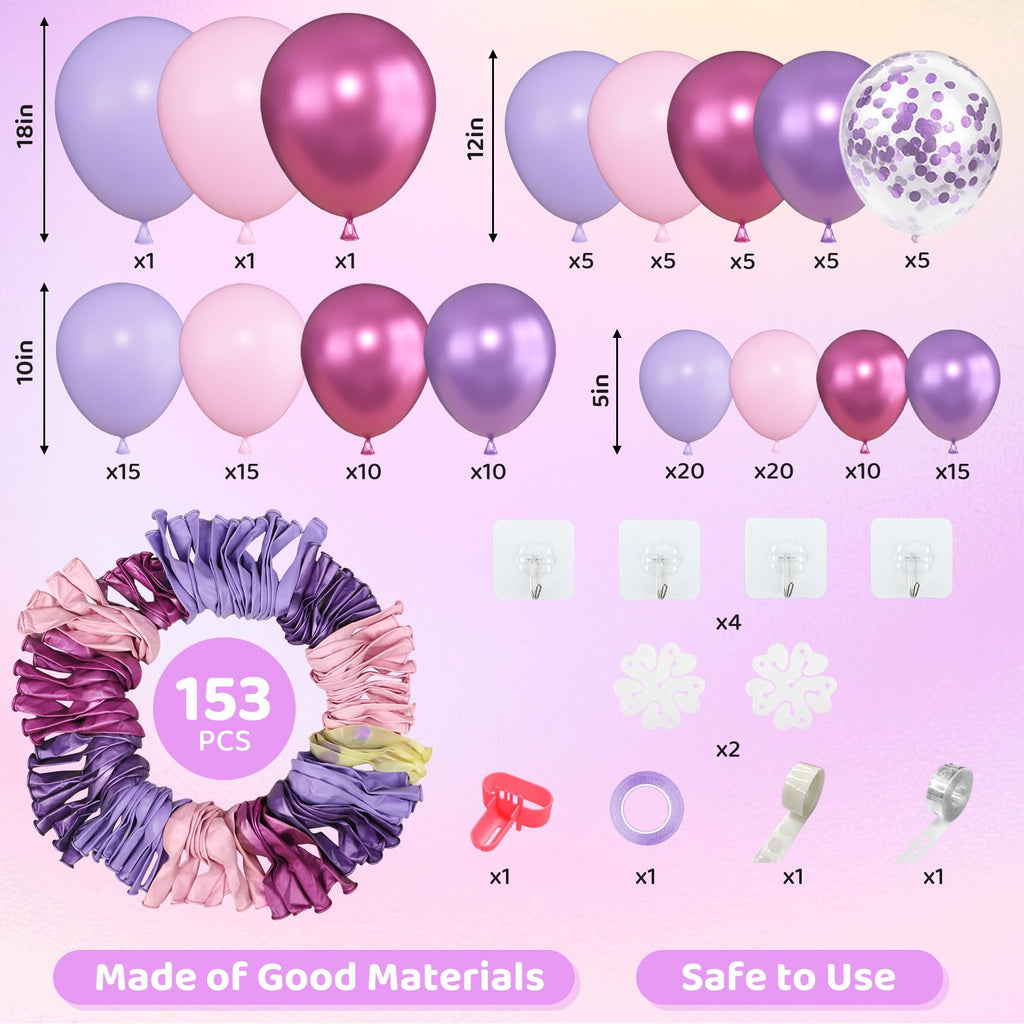 Amandir 153pc Pink & Purple Balloon Garland Arch Kit – 18in/12in/10in/5in Latex Balloons