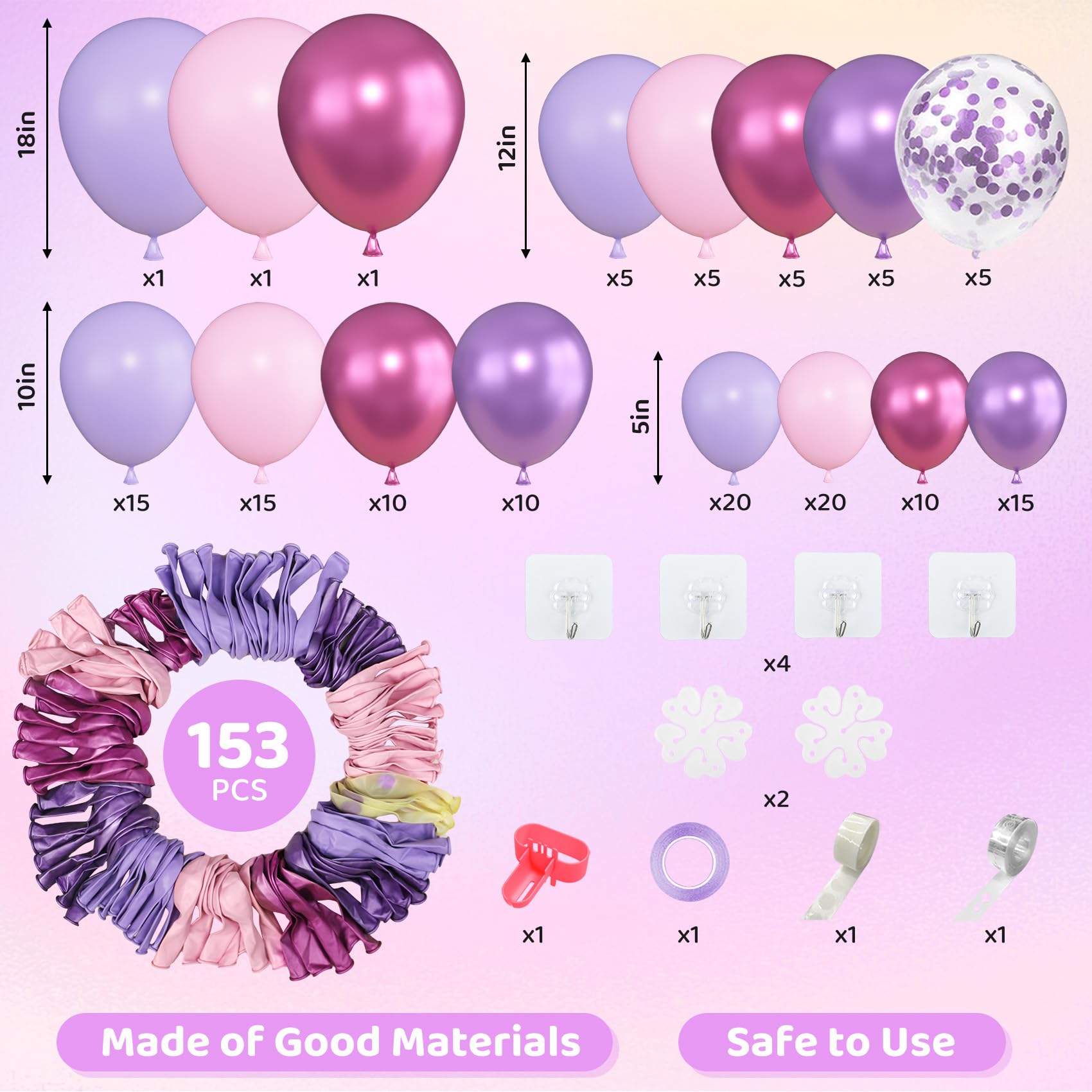 Amandir 153pc Pink & Purple Balloon Garland Arch Kit – 18in/12in/10in/5in Latex Balloons