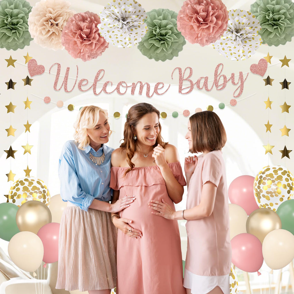 Amandir Girl Baby Shower Decorations – Pink Sage Green Balloons, Banner, Cake Topper & More