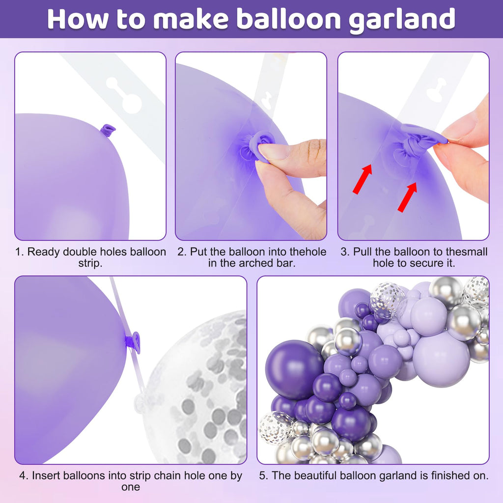 Amandir 153pcs Purple Balloon Garland Arch Kit – Lavender, Metallic Silver & Confetti Balloons for Parties