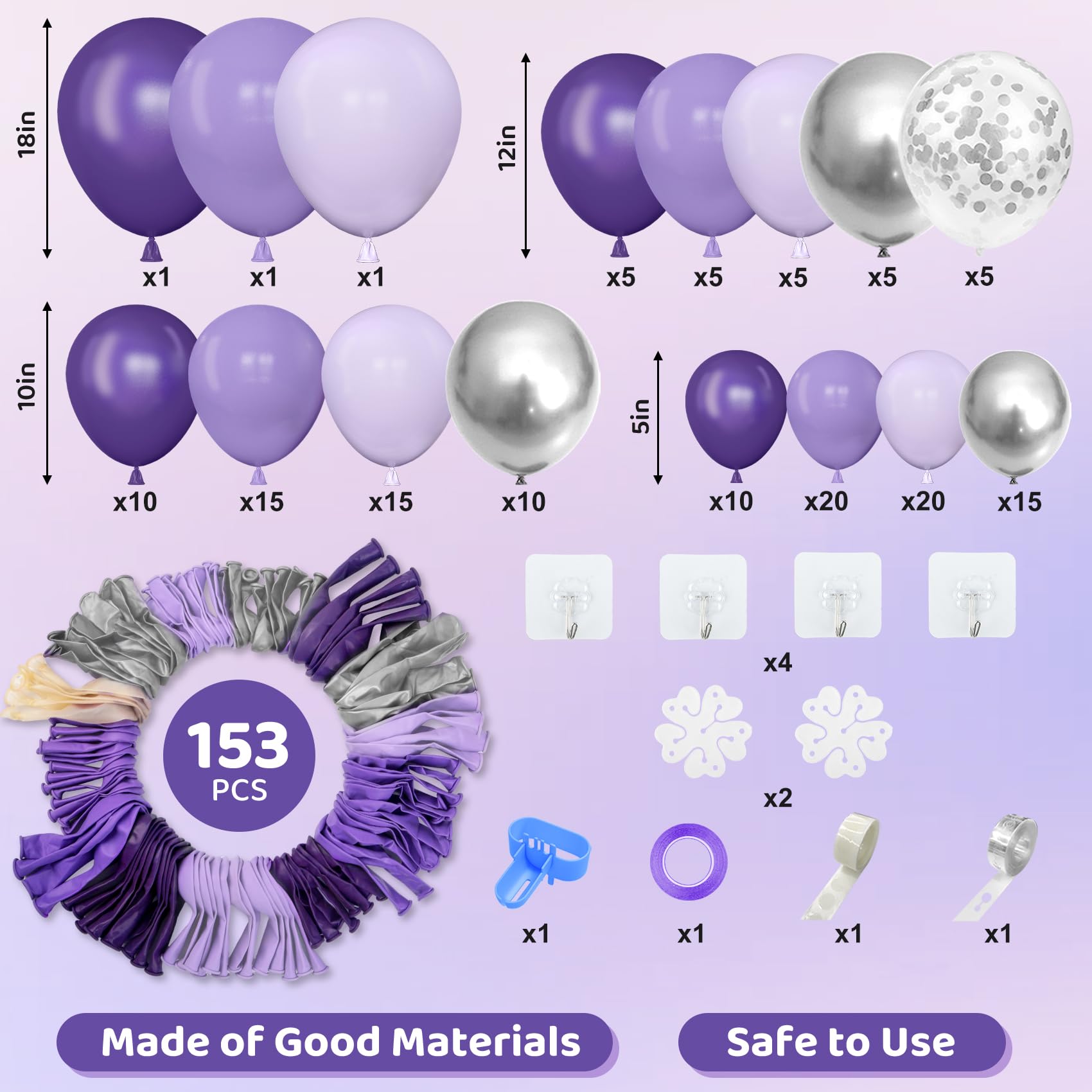 Amandir 153pcs Purple Balloon Garland Arch Kit – Lavender, Metallic Silver & Confetti Balloons for Parties