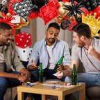 AMANDIR 144PCS Casino Theme Party Decor Kit – Dice Favor Boxes & Red/Black/Gold Balloons
