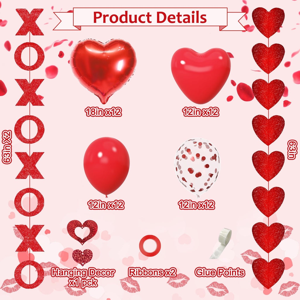Amandir 114Pcs Red Valentines Day Decor Set – I Love You Banner, Heart Balloons, Rose Petals & Garlands