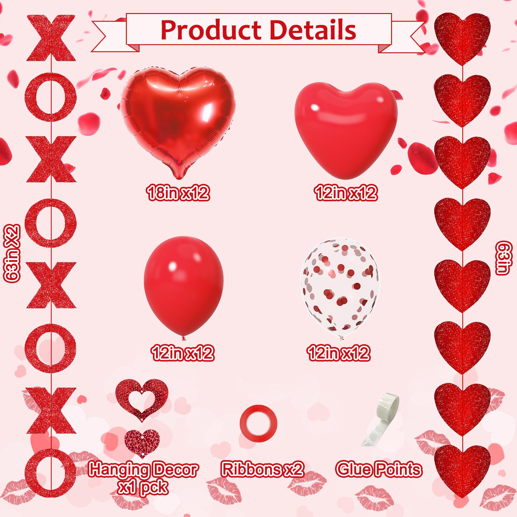 Amandir 114Pcs Red Valentines Day Decor Set – I Love You Banner, Heart Balloons, Rose Petals & Garlands