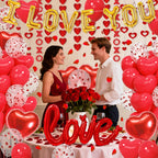Amandir 114Pcs Red Valentines Day Decor Set – I Love You Banner, Heart Balloons, Rose Petals & Garlands