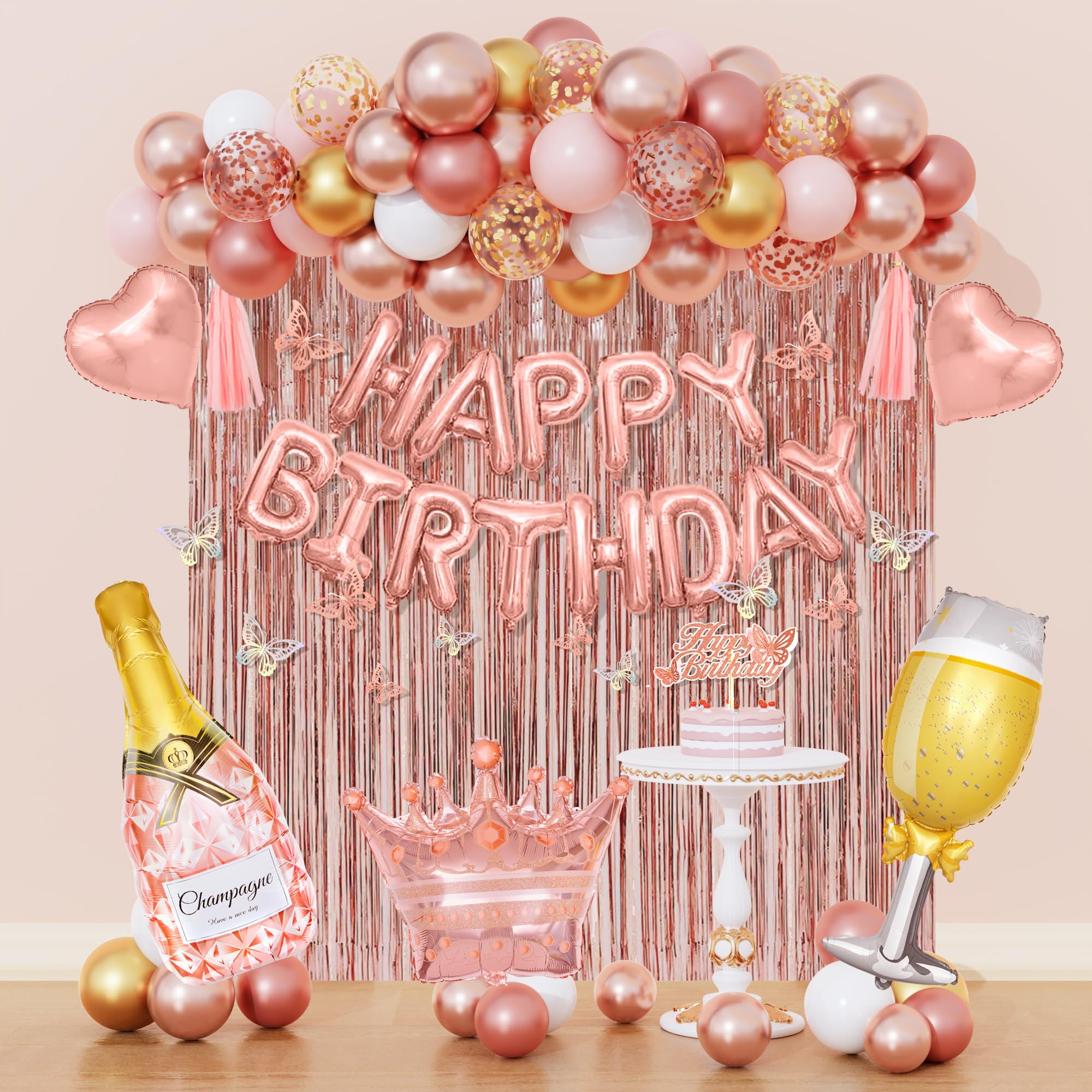 Amandir Rose Gold Birthday Decor – Balloons, Fringe Curtain, Banner & Cake Topper