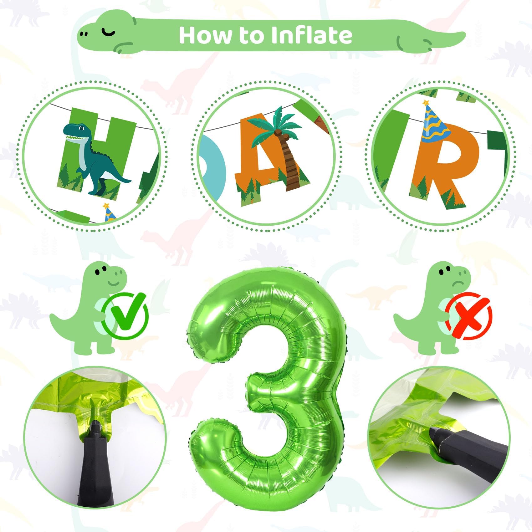 Amandir Dinosaur 3rd Birthday Decorations Kit – 47 Pcs Party Supplies with Balloons, Banner & Swirls