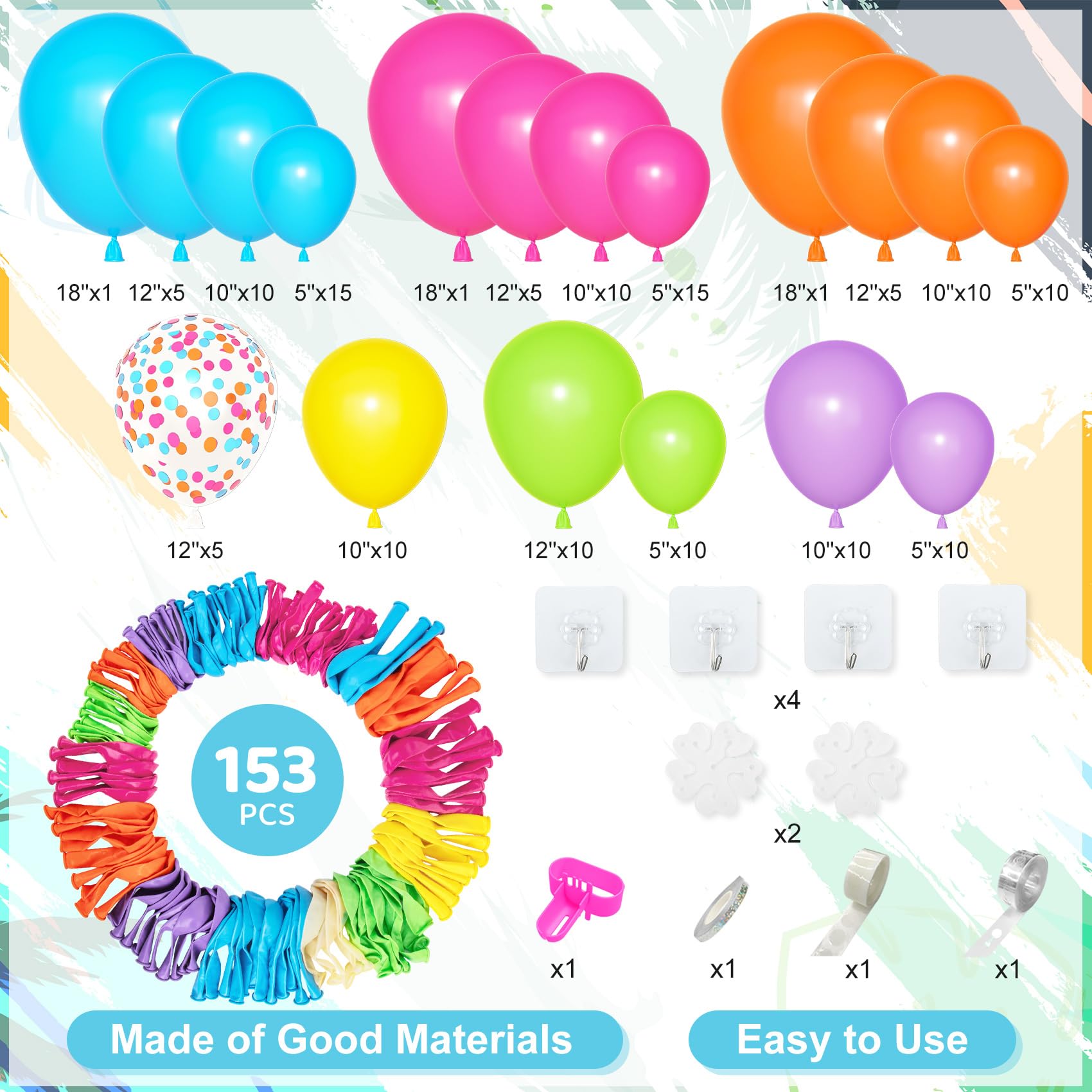 Amandir 153pcs Tropical Balloon Arch Kit – Rainbow Balloons for Hawaiian Luau & Pool Parties