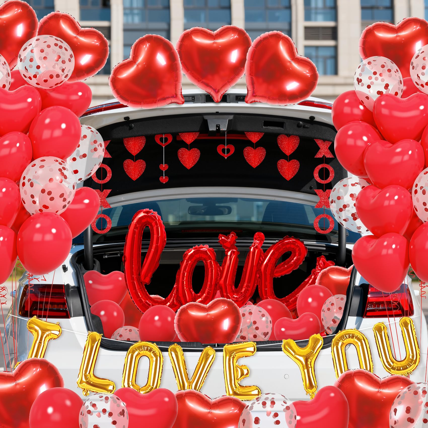 Amandir 114Pcs Red Valentines Day Decor Set – I Love You Banner, Heart Balloons, Rose Petals & Garlands