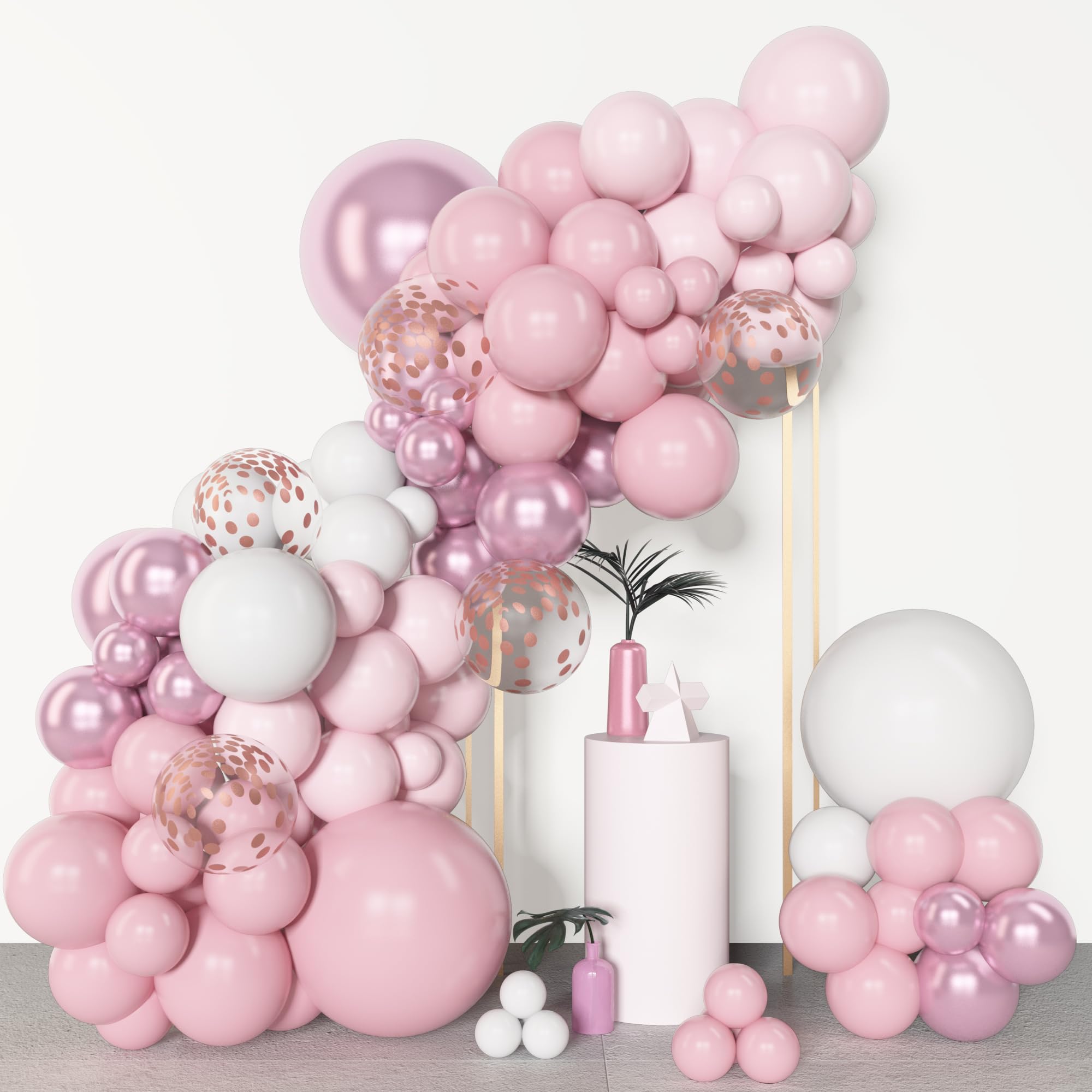 Amandir 153pcs Pink & White Balloons Arch Garland Kit – 18/12/10/5in Pastel Latex & Rose Gold Confetti