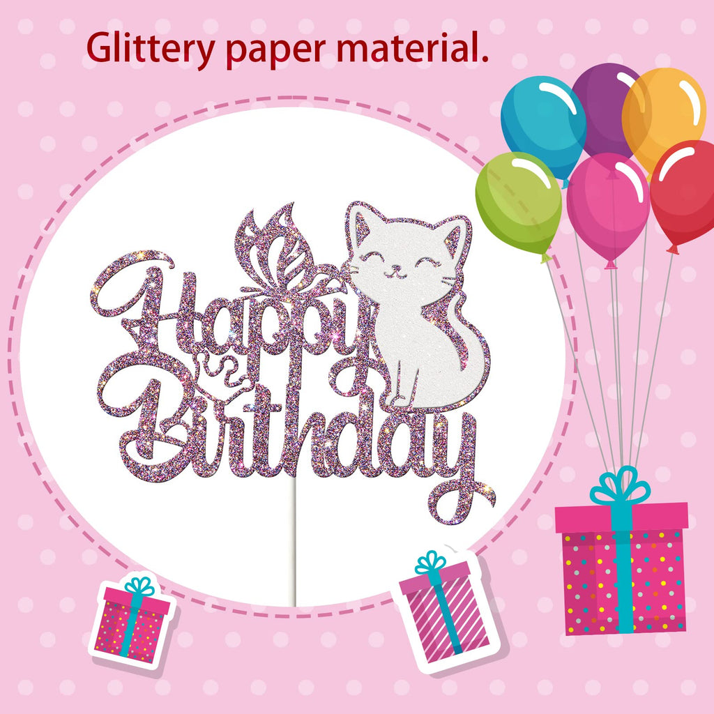 Ambishi Cat Happy Birthday Cake Topper – Purple & White Glitter, Butterfly & Kitten Pawty