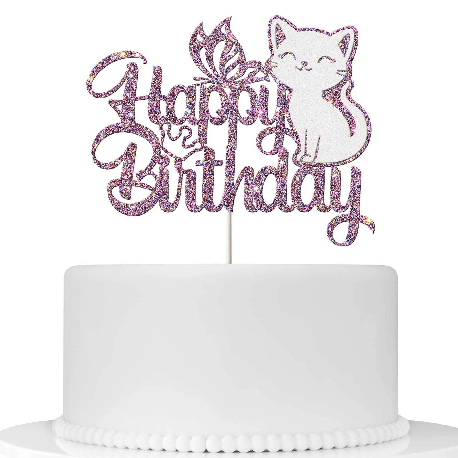 Ambishi Cat Happy Birthday Cake Topper – Purple & White Glitter, Butterfly & Kitten Pawty