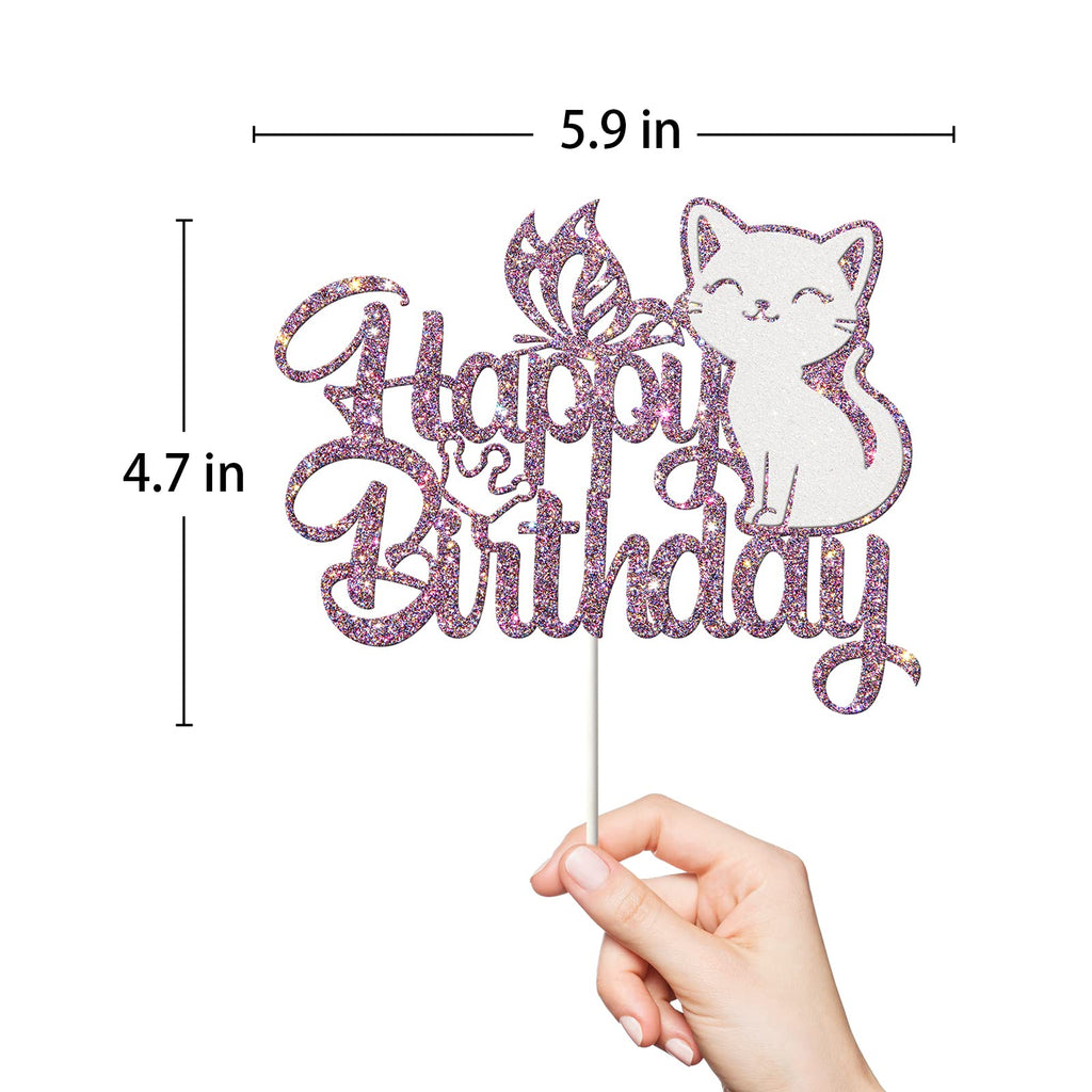 Ambishi Cat Happy Birthday Cake Topper – Purple & White Glitter, Butterfly & Kitten Pawty
