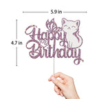 Ambishi Cat Happy Birthday Cake Topper – Purple & White Glitter, Butterfly & Kitten Pawty