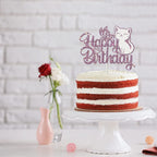 Ambishi Cat Happy Birthday Cake Topper – Purple & White Glitter, Butterfly & Kitten Pawty