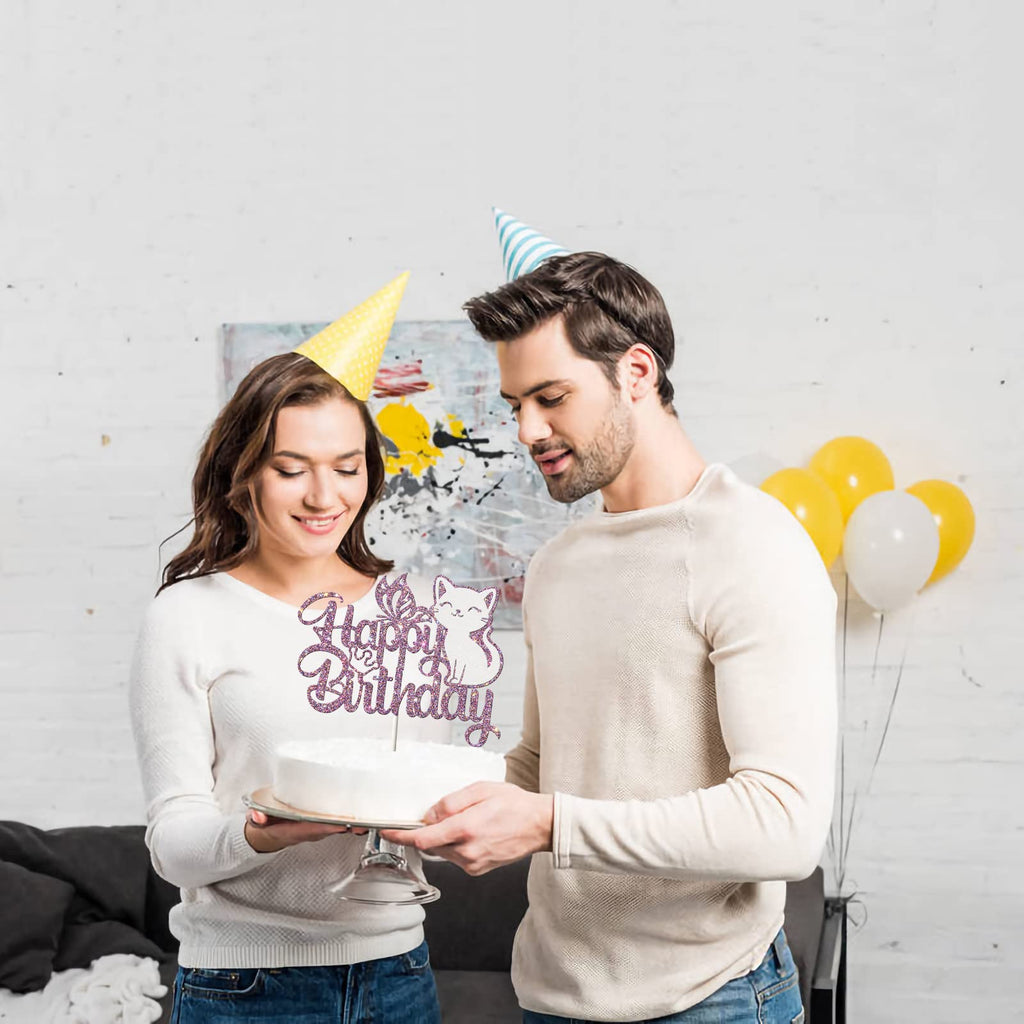 Ambishi Cat Happy Birthday Cake Topper – Purple & White Glitter, Butterfly & Kitten Pawty