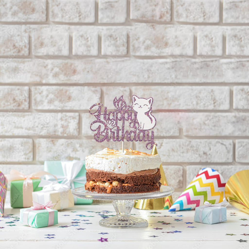 Ambishi Cat Happy Birthday Cake Topper – Purple & White Glitter, Butterfly & Kitten Pawty