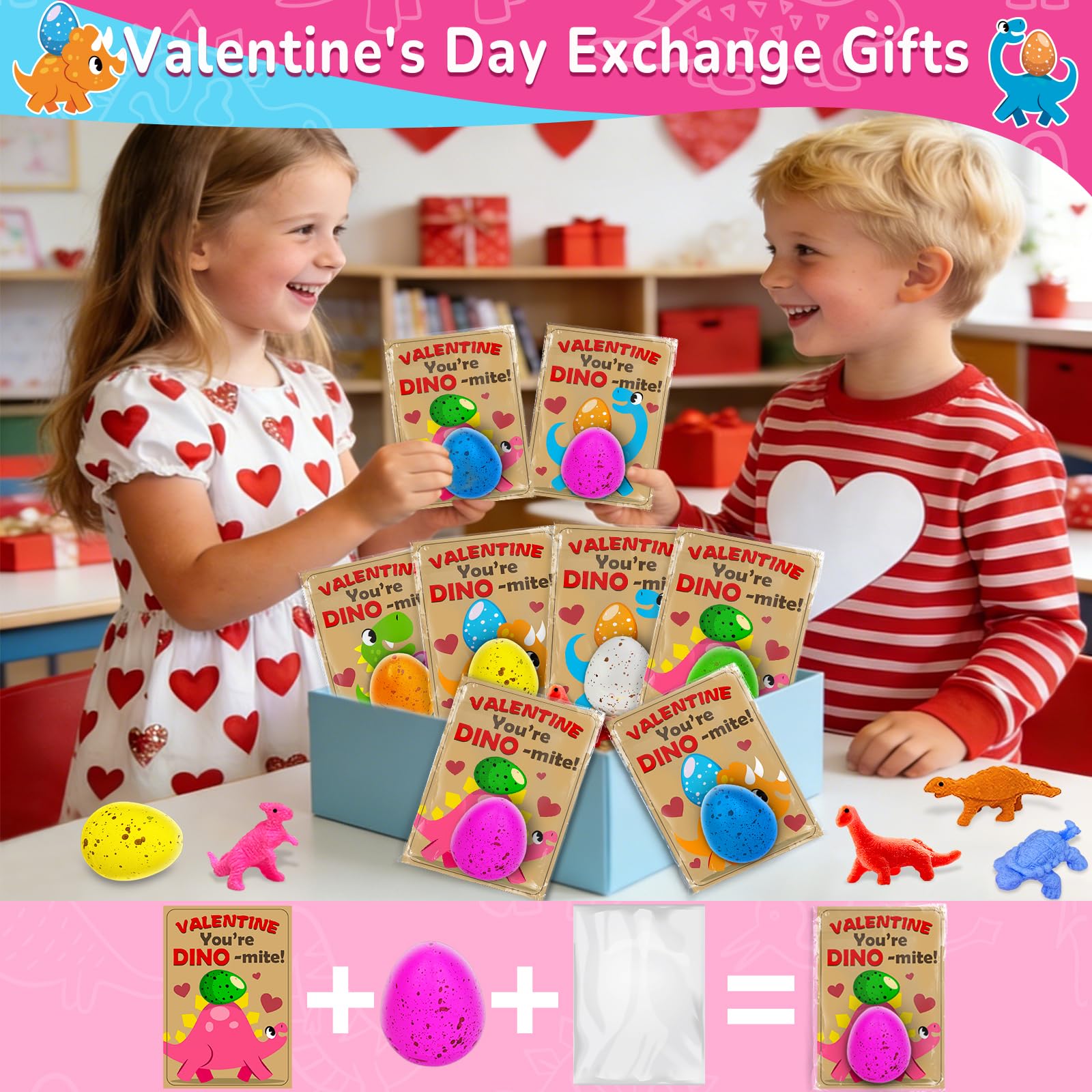AMENON 30-Pack Dinosaur Egg Hatching Valentines Cards – Classroom Gifts & Party Favors for Kids