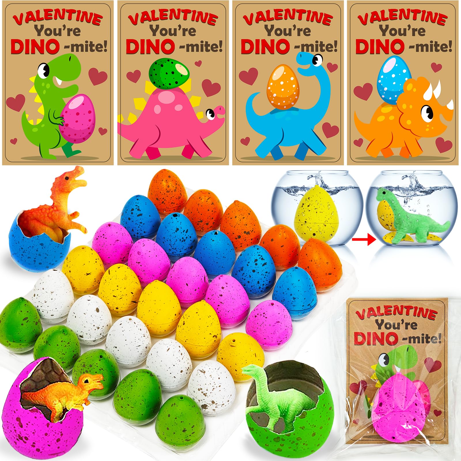 AMENON 30-Pack Dinosaur Egg Hatching Valentines Cards – Classroom Gifts & Party Favors for Kids