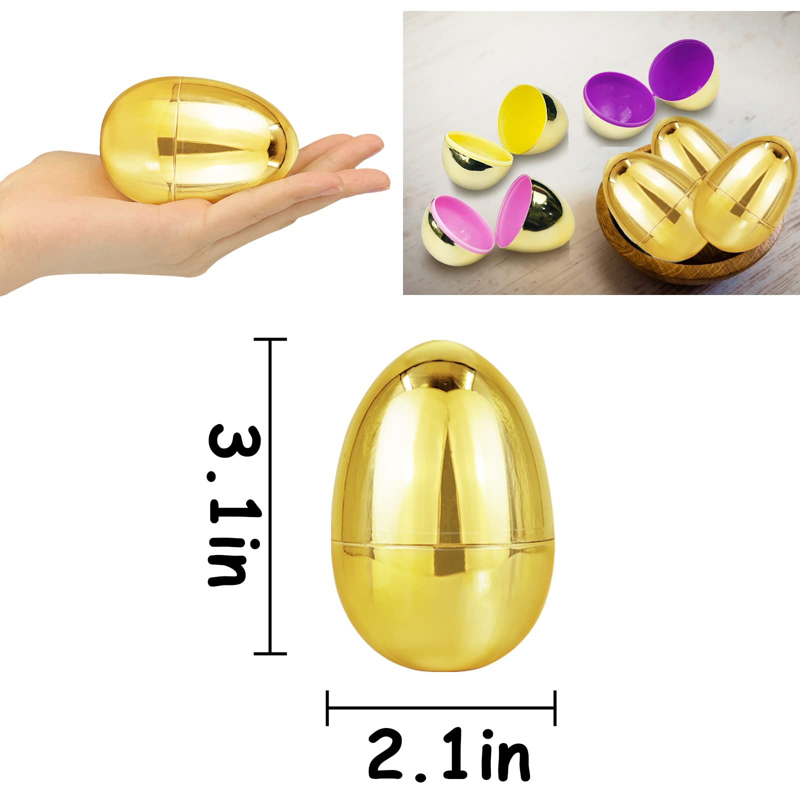 AMENON 50 Pack 3.1-Inch Large Gold Fillable Easter Eggs - Plastic Eggs for Treats, Hunts & Party Favors