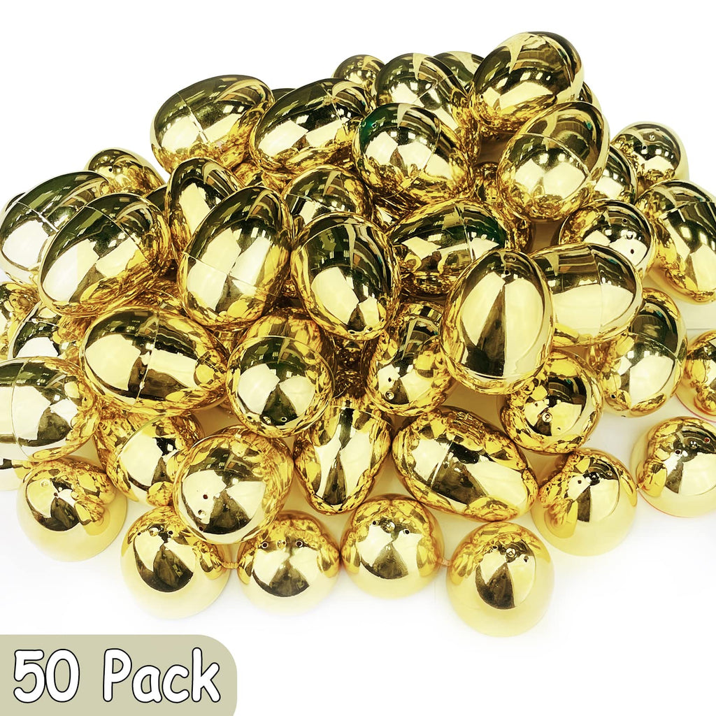 AMENON 50 Pack 3.1-Inch Large Gold Fillable Easter Eggs - Plastic Eggs for Treats, Hunts & Party Favors