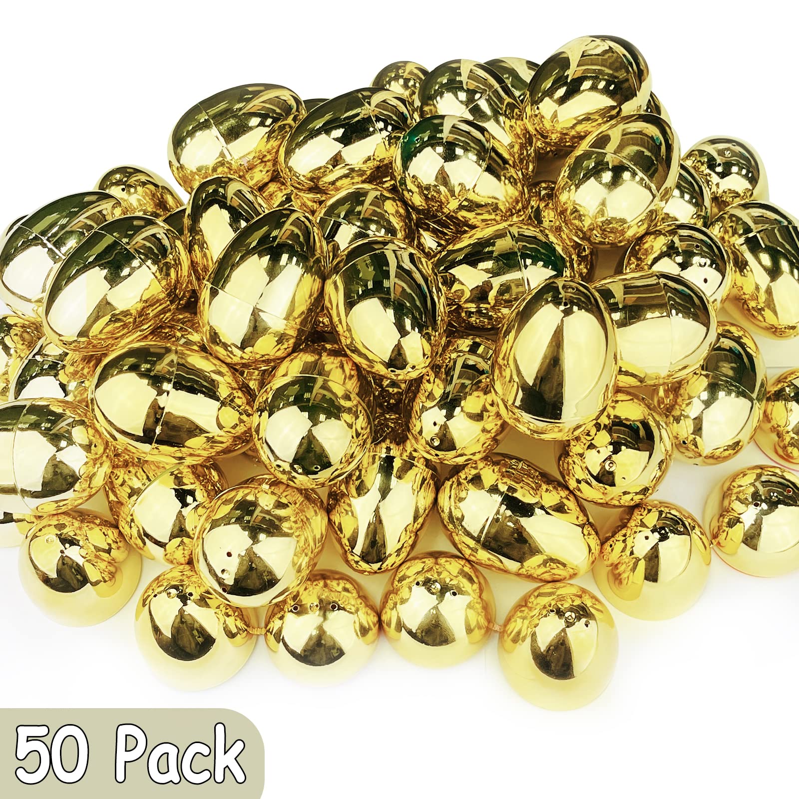 AMENON 50 Pack 3.1-Inch Large Gold Fillable Easter Eggs - Plastic Eggs for Treats, Hunts & Party Favors