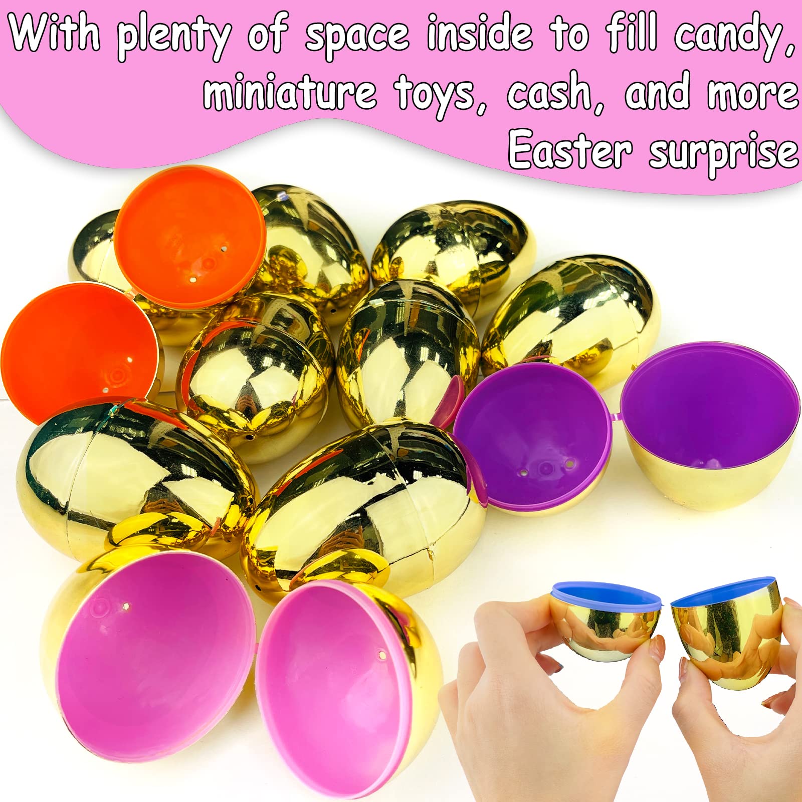 AMENON 50 Pack 3.1-Inch Large Gold Fillable Easter Eggs - Plastic Eggs for Treats, Hunts & Party Favors