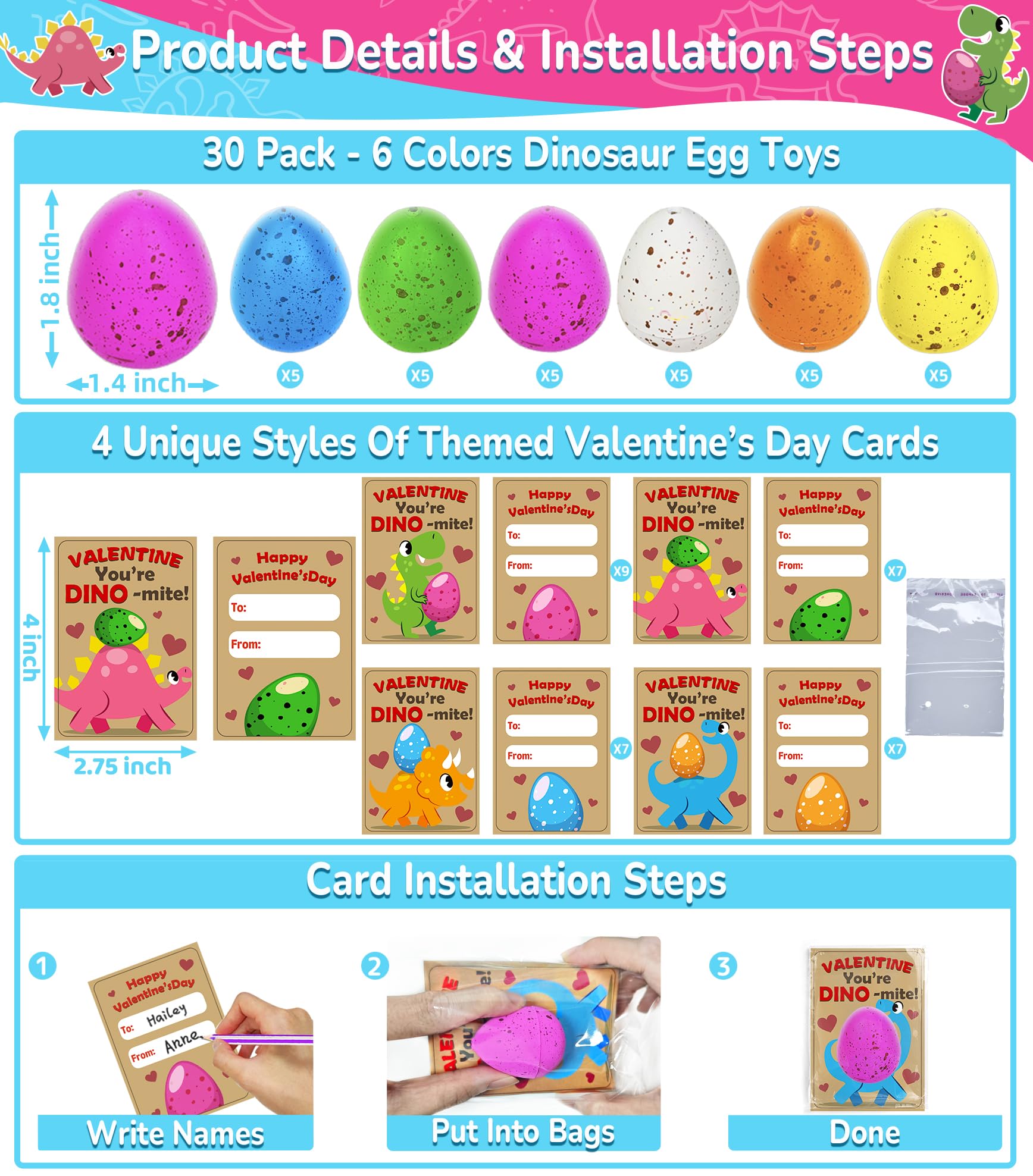 AMENON 30-Pack Dinosaur Egg Hatching Valentines Cards – Classroom Gifts & Party Favors for Kids