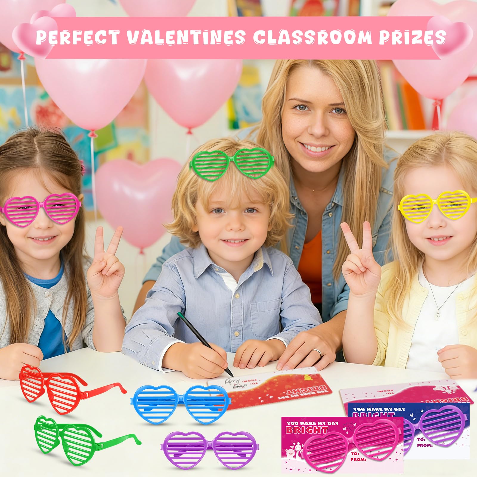 Amy & Benton 28-Piece Valentines Day Heart Shutter Glasses with Gift Cards – Classroom Gifts & Bulk Party Prizes