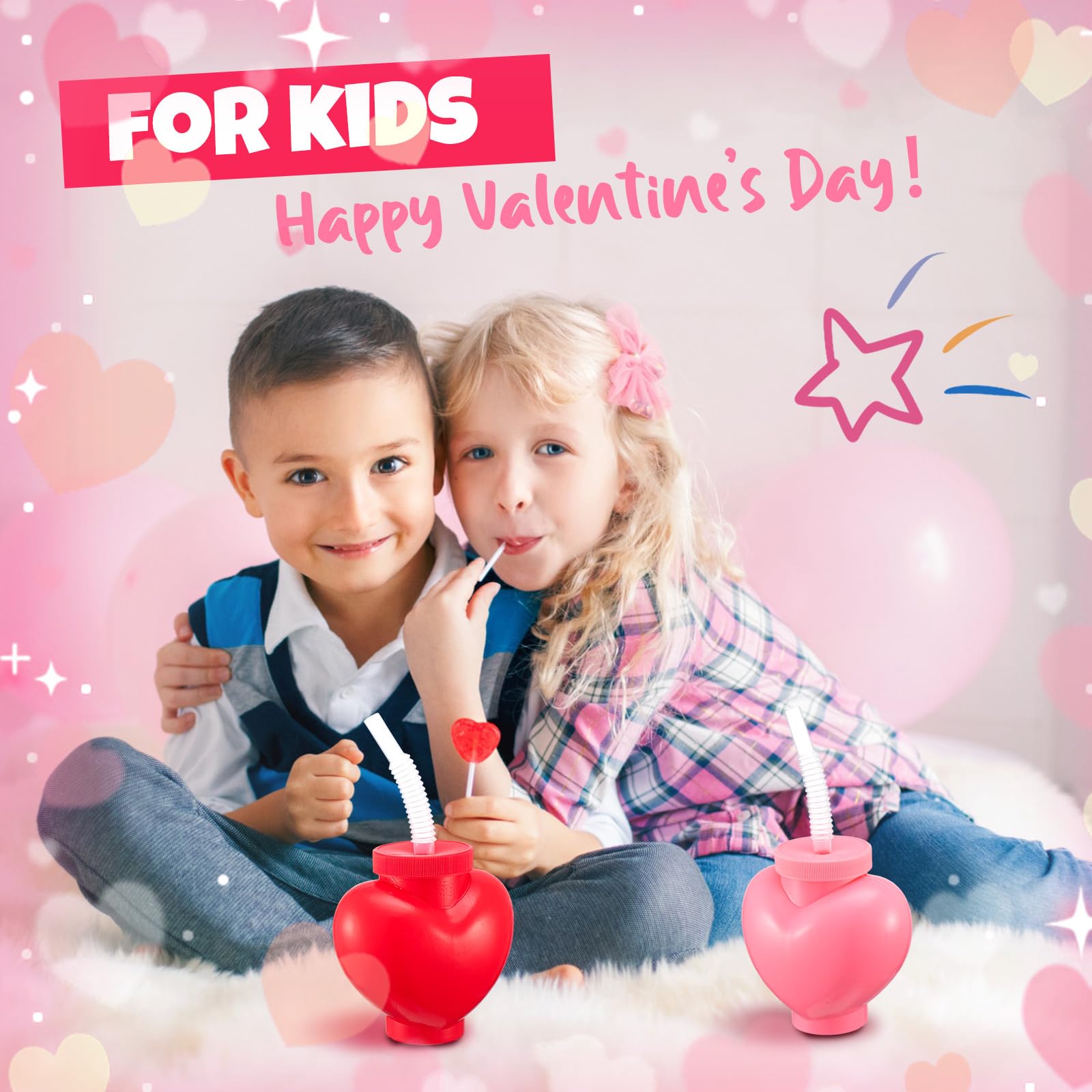 Amyhill 24 Pcs Heart Shaped Cups with Lids & Straws - 12oz Valentine's Party Favors
